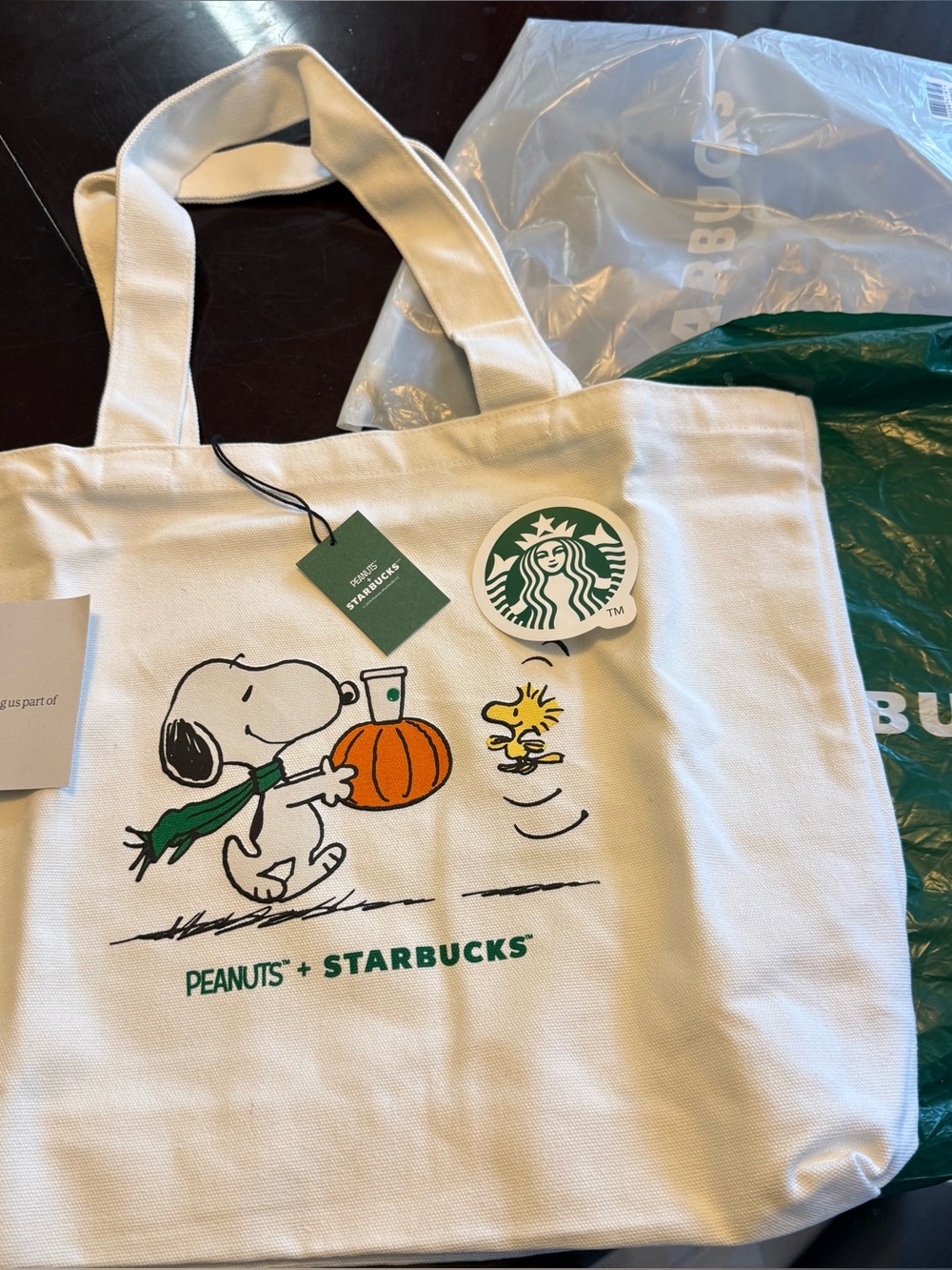 Starbucks White Canvas Tote with Peanuts Pumpkin Graphic and Green Accents